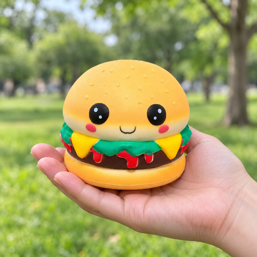 Kawaii Burger Squishy with Face, Slow Rising, Scented, held in a hand to show the real size