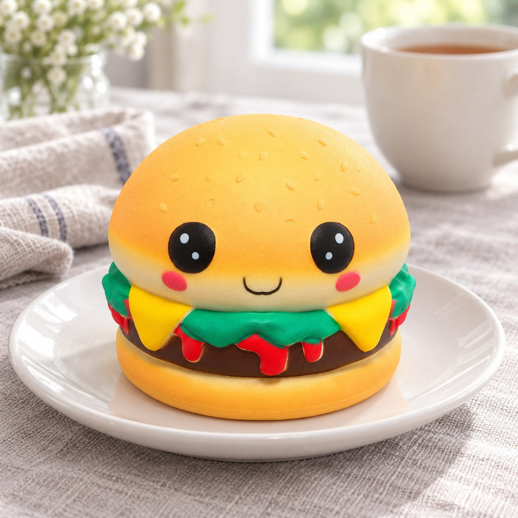 Kawaii Burger Squishy with Face, Slow Rising, Scented, on a plate on a breakfast table