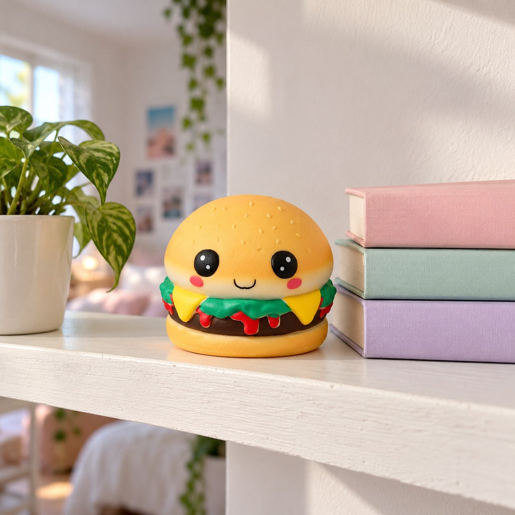 Kawaii Burger Squishy with Face, Slow Rising, Scented, on a shelf with books and a plant as room decor