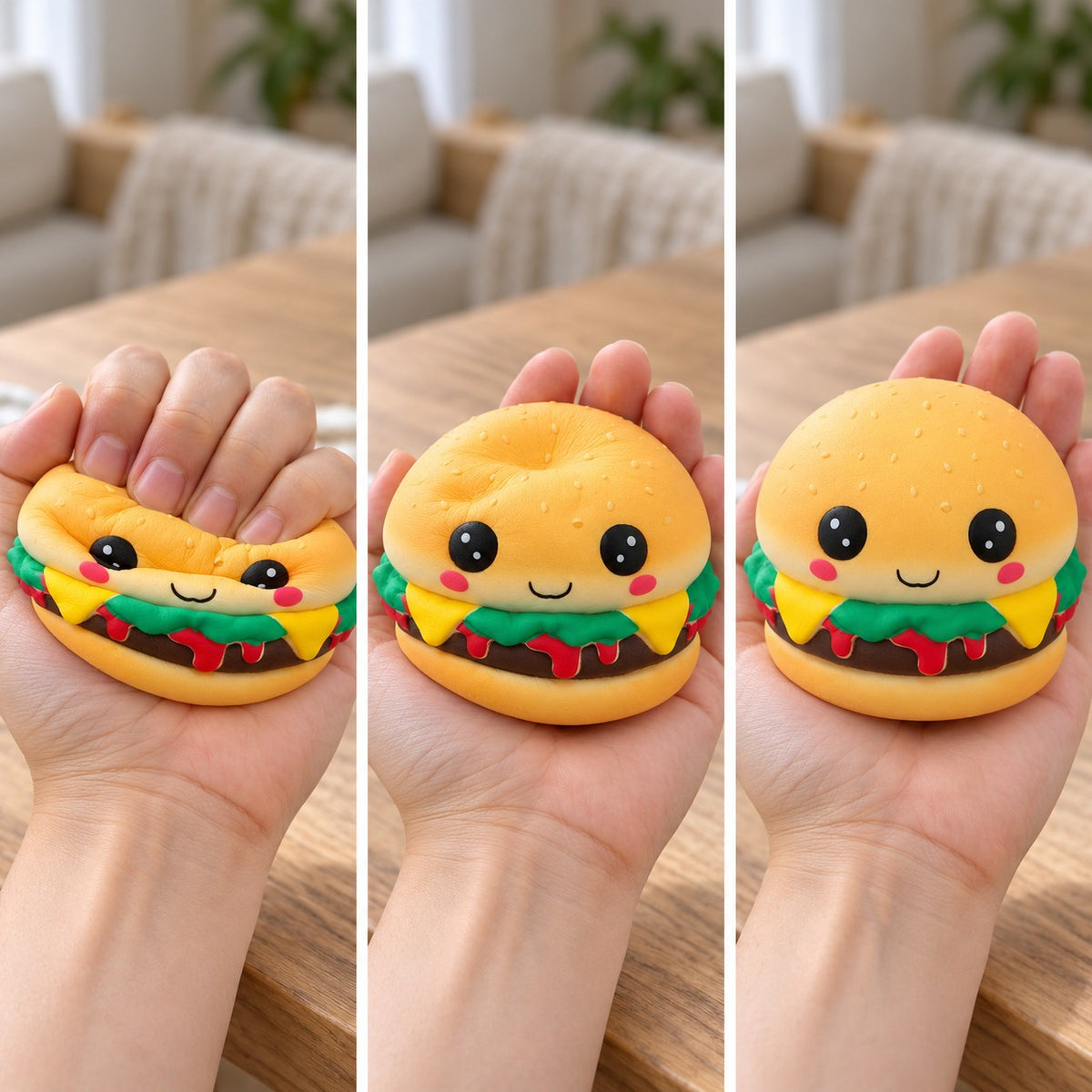Kawaii Burger Squishy with Face, Slow Rising, Scented, squished flat, half risen and fully back in shape
