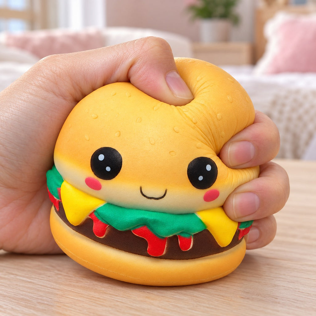 Kawaii Burger Squishy with Face, Slow Rising, Scented, being squeezed by hand, soft and squishy