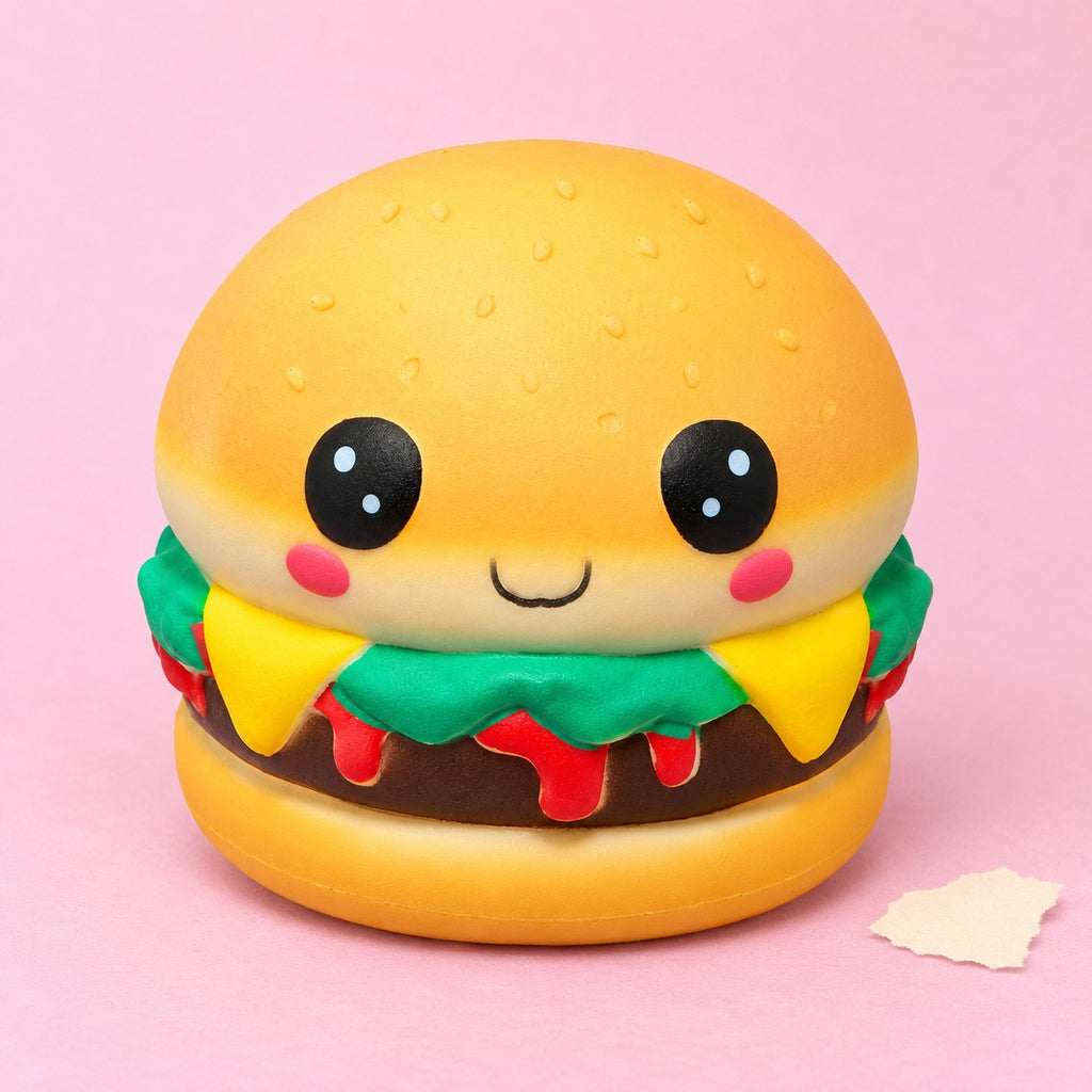 Squishy kawaii burger med ansigt slow rising – Squishy kawaii burger med ansigt, slow rising, med duft, produktbillede på pastelpapir