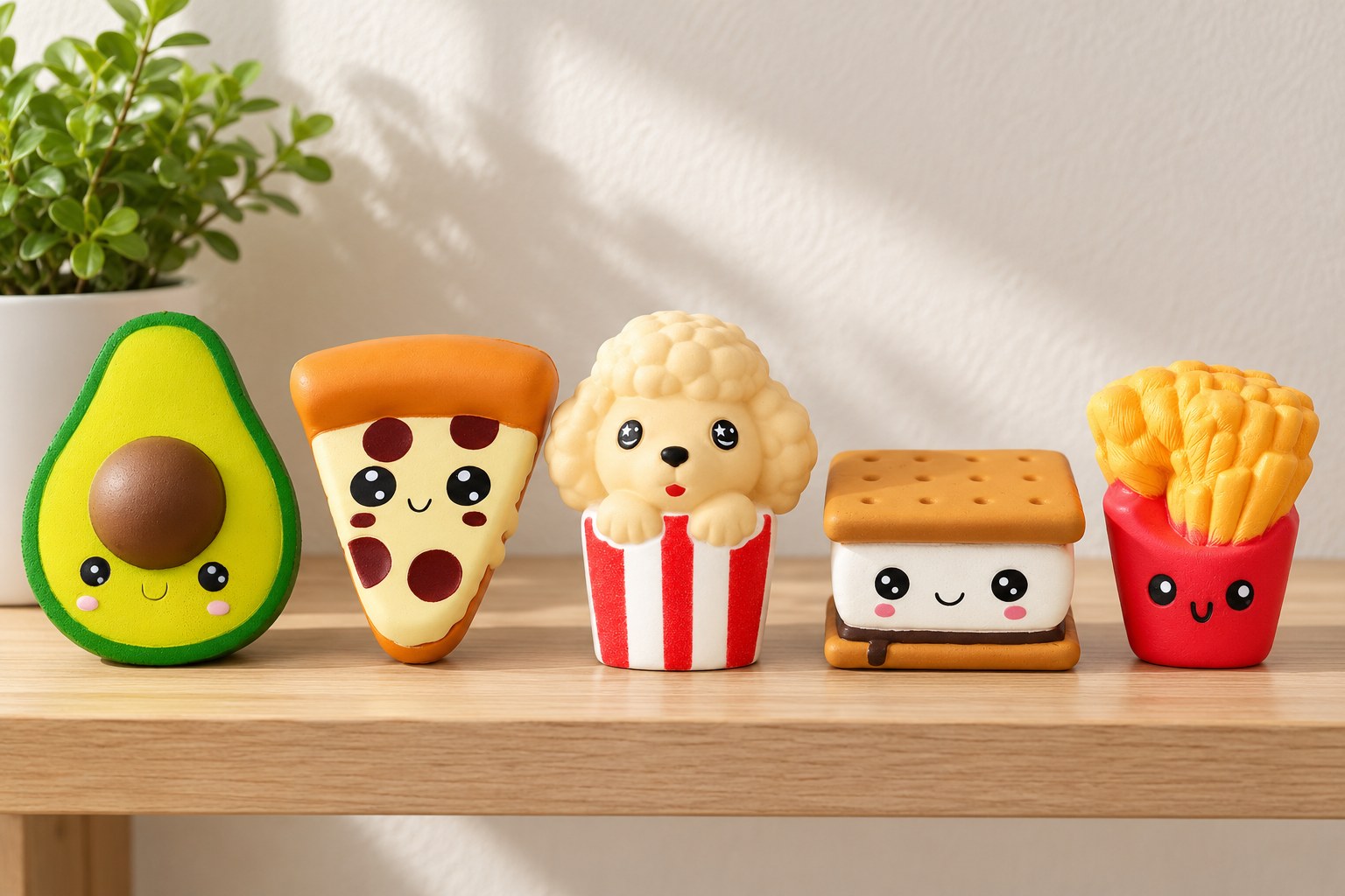 Five kawaii food squishies on a wooden shelf: avocado, pizza slice, popcorn puppy, cookie sandwich and fries