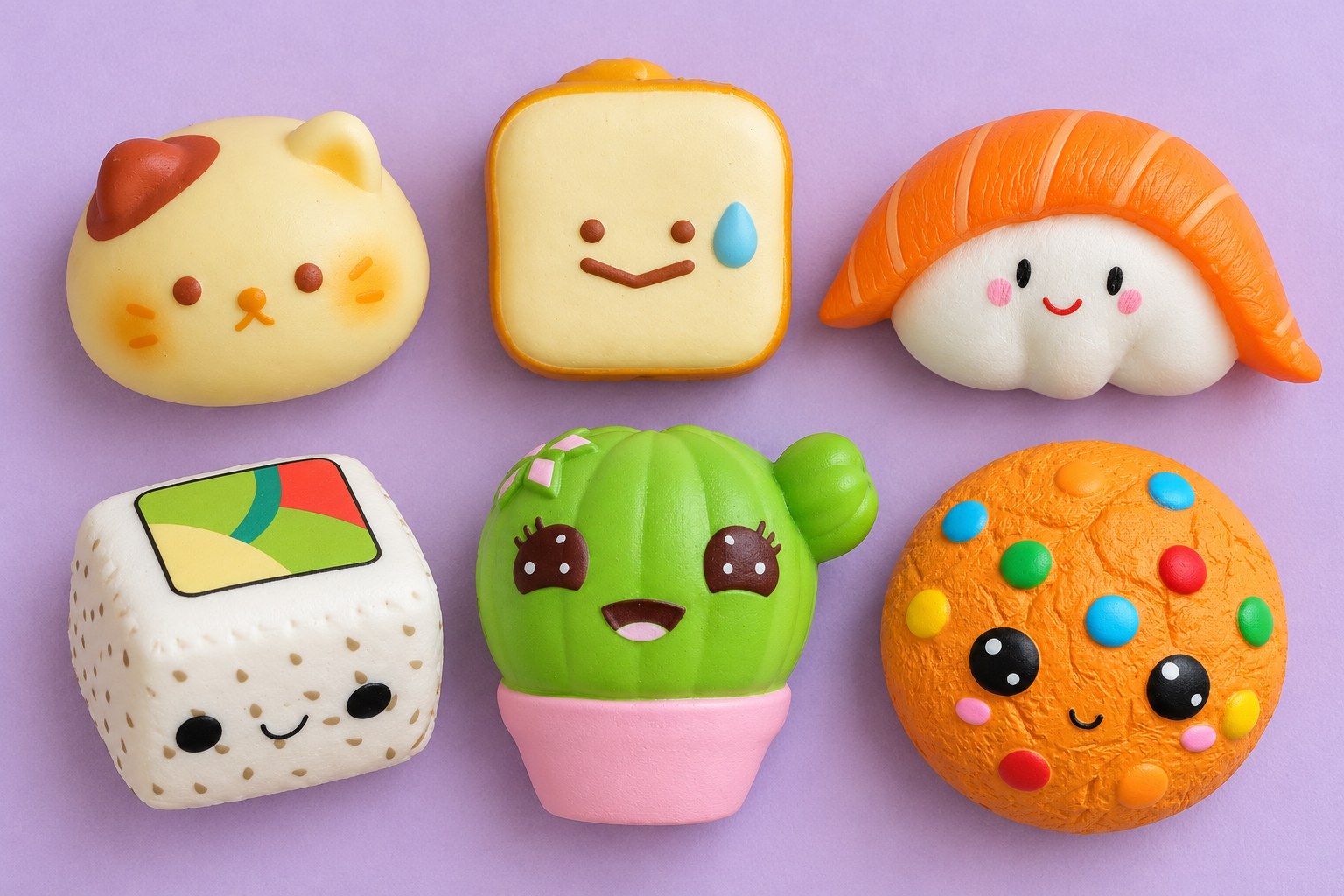 Six kawaii squishies with faces seen from above on lilac: cat bun, toast, salmon nigiri, sushi, cactus and cookie