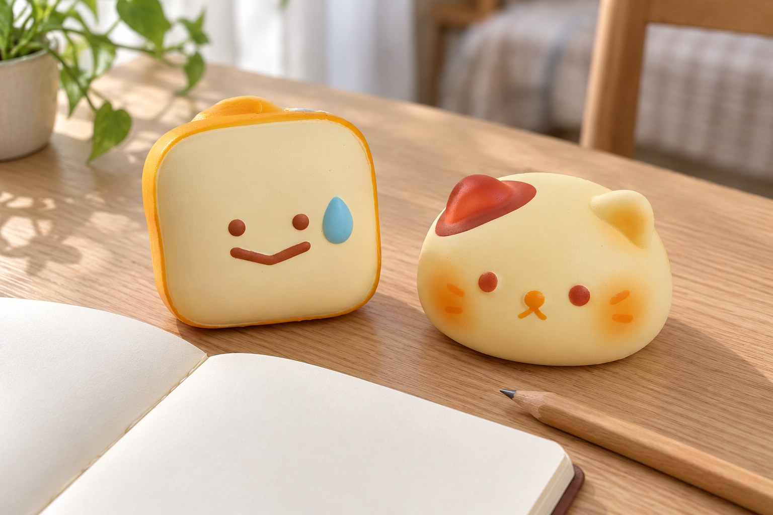 Kawaii toast squishy and cat bun squishy on a wooden desk next to an open blank notebook