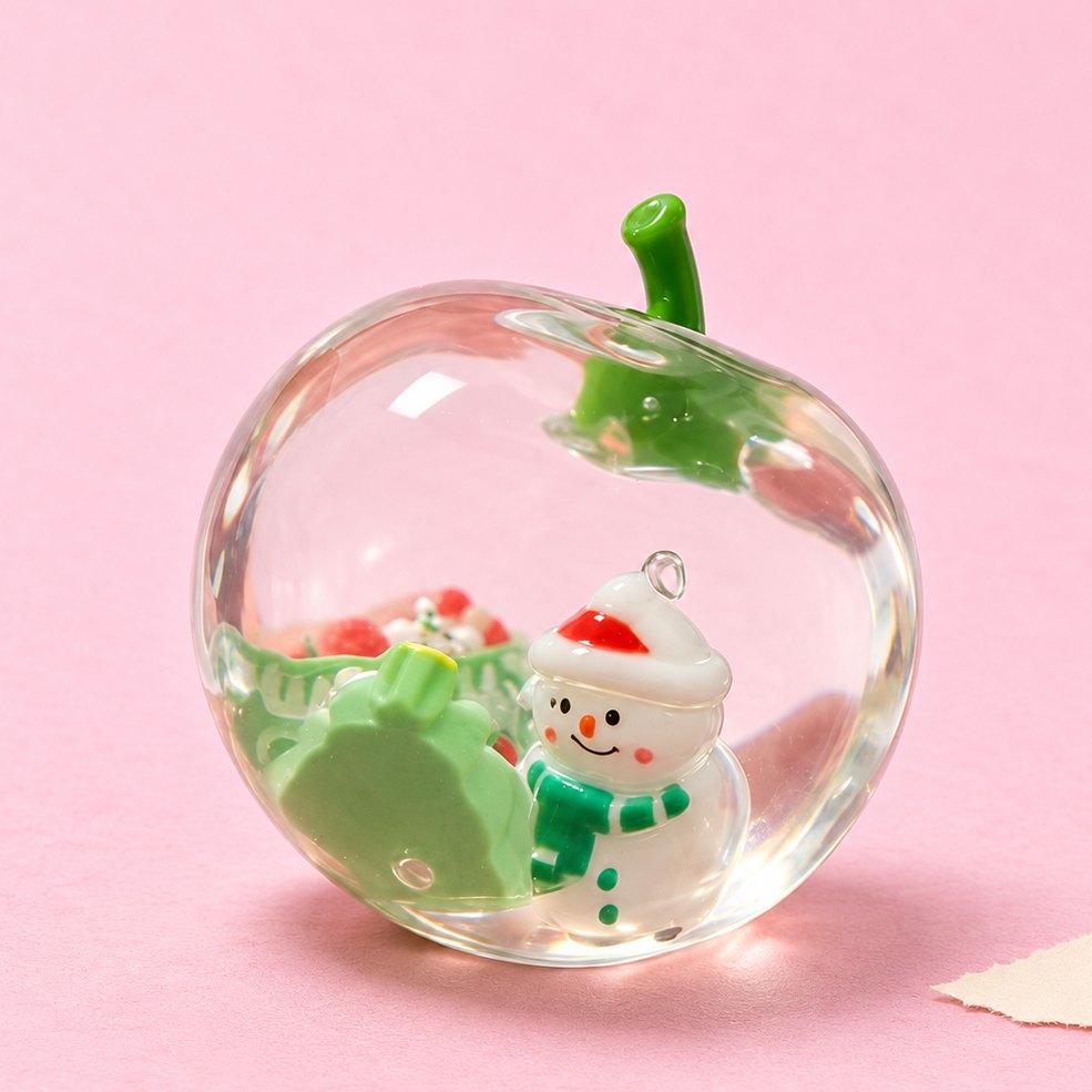 Kerstappel squishy, doorzichtig met een sneeuwpop erin