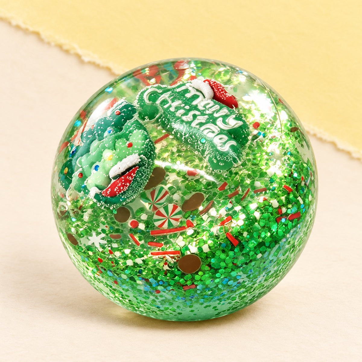 Groene kerstbal squishy met sneeuwvlok, 6,5 cm, in cadeaudoos op pastelkleurig papier
