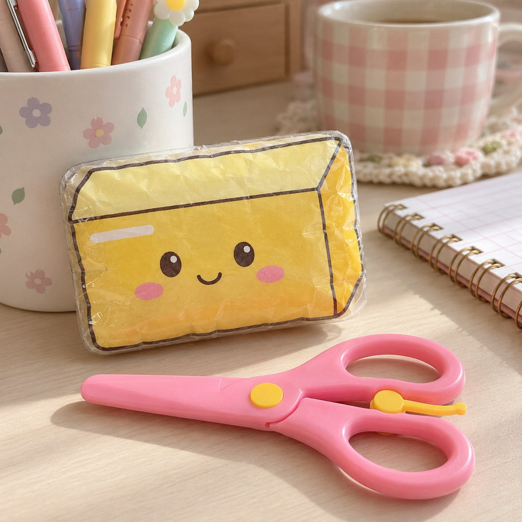 Pysselsax för pappers-squishy i rosa, bredvid ett smör av papper