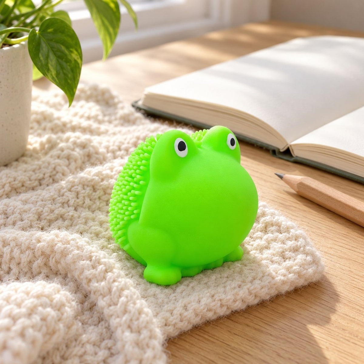 Zachte kikker squishy op een bureau met notitieboek en potlood