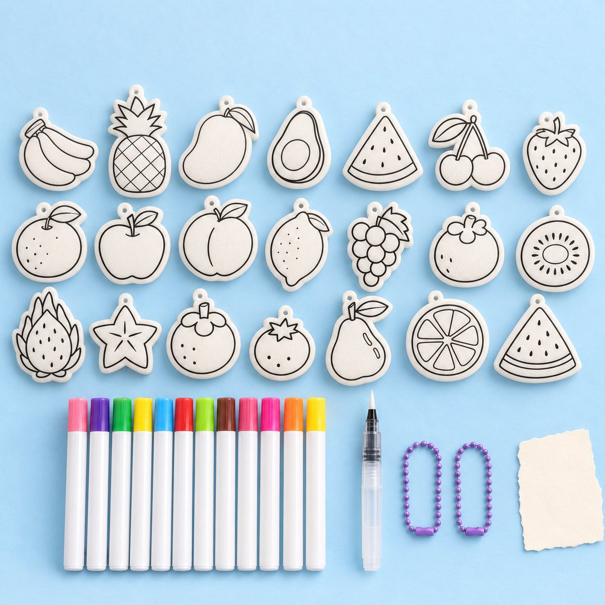 Kit squishy mousse à peindre soi-même : 21 motifs version fruits, sur papier pastel
