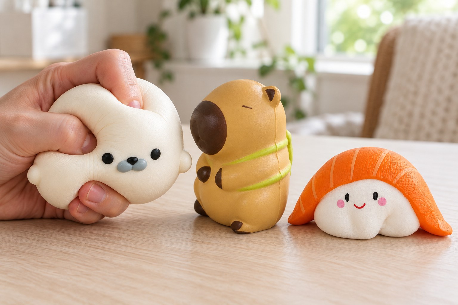 Squishy klämleksak som kläms i handen: vit säl, bredvid en kapybara och en laxnigiri