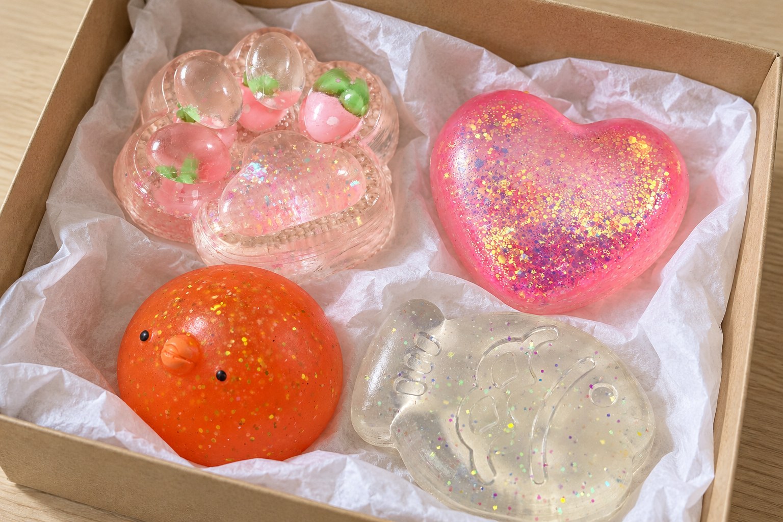Squishy günstig verschenken: Geschenkbox aus Kraftpapier mit Glitzer-Katzenpfote, Glitzerherz, Mochi-Küken und Gelee-Fisch