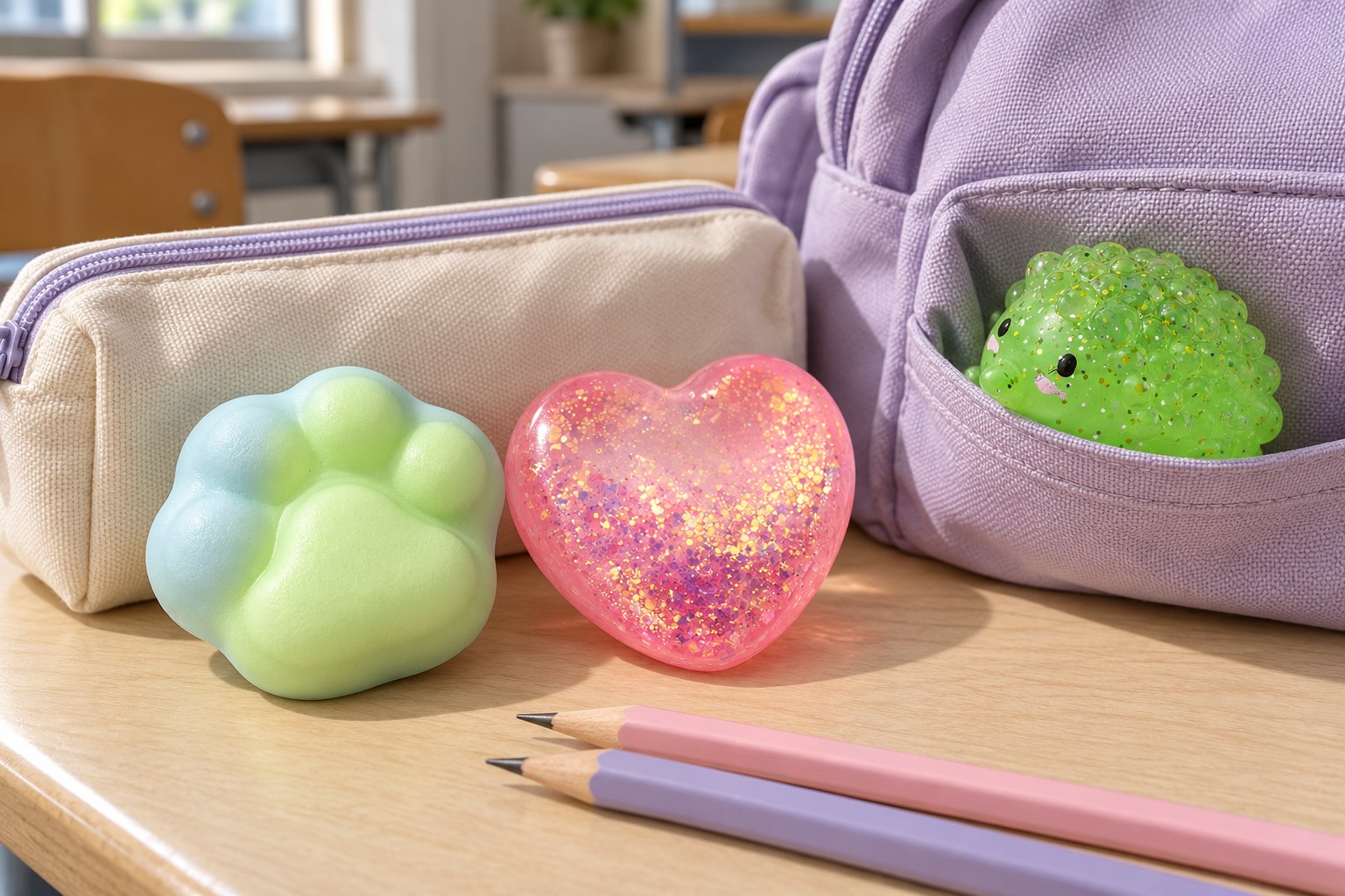Squishy Geschenk für Mädchen am Schultisch: Crunchy-Katzenpfote, rosa Glitzerherz und grüner Glitzer Mochi Igel