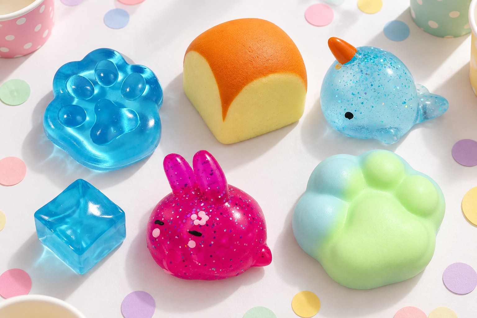 Squishy Geschenk zur Party: sechs kleine Squishies mit Pappbechern und Konfetti, darunter Gelee-Pfote, Eiswürfel und Narwal