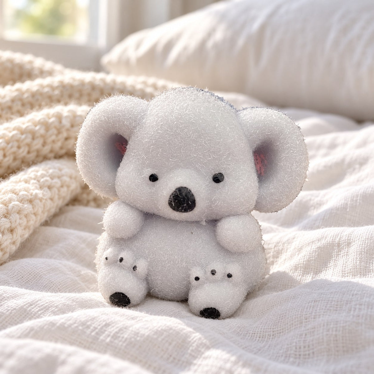 Koala Squishy, Fuzzy Soft TPR, on a cozy bed with soft blankets