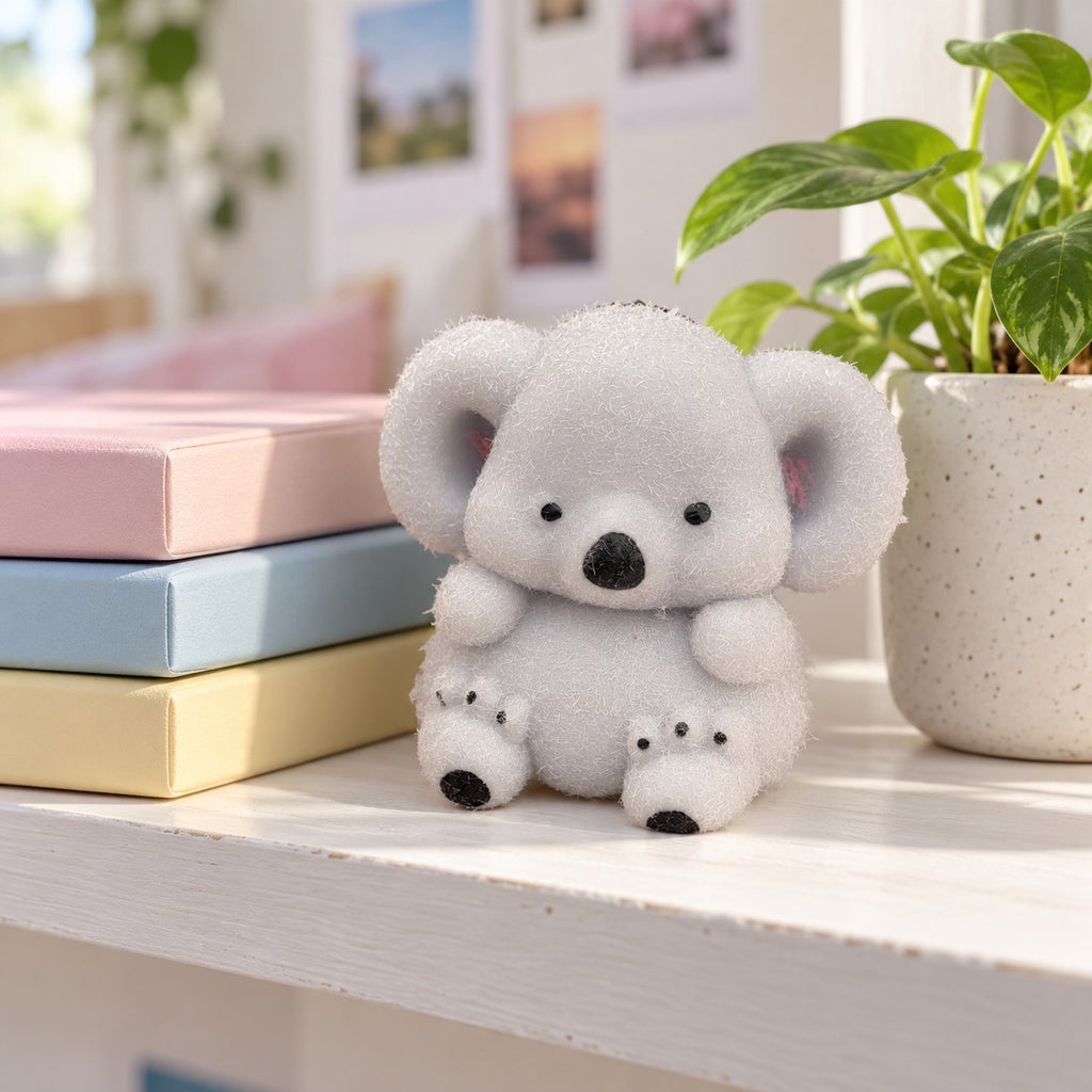 Koala Squishy, Fuzzy Soft TPR, on a shelf with books and a plant as room decor