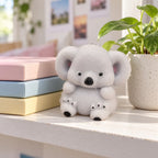 Koala Squishy, Fuzzy Soft TPR, on a shelf with books and a plant as room decor
