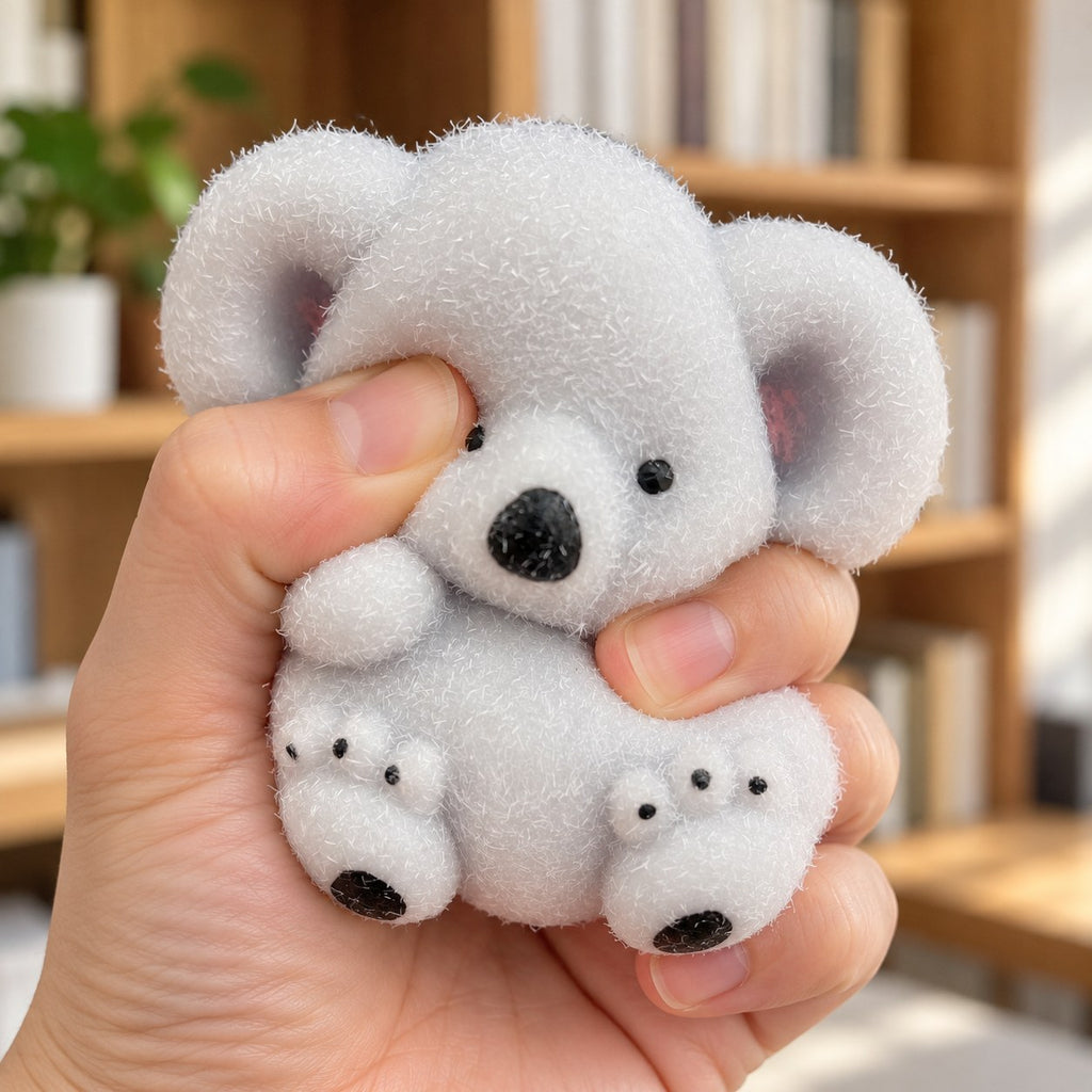 Koala Squishy, Fuzzy Soft TPR, being squeezed by hand, soft and squishy