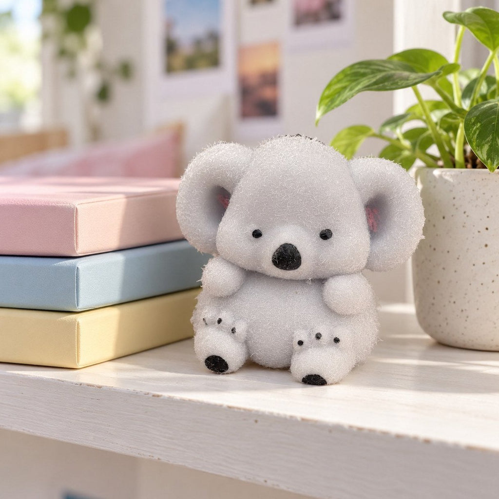 Zimmerdeko: Koala Squishy im Regal neben Büchern und einer Pflanze