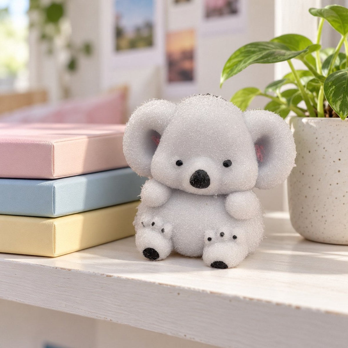 Zimmerdeko: Koala Squishy im Regal neben Büchern und einer Pflanze