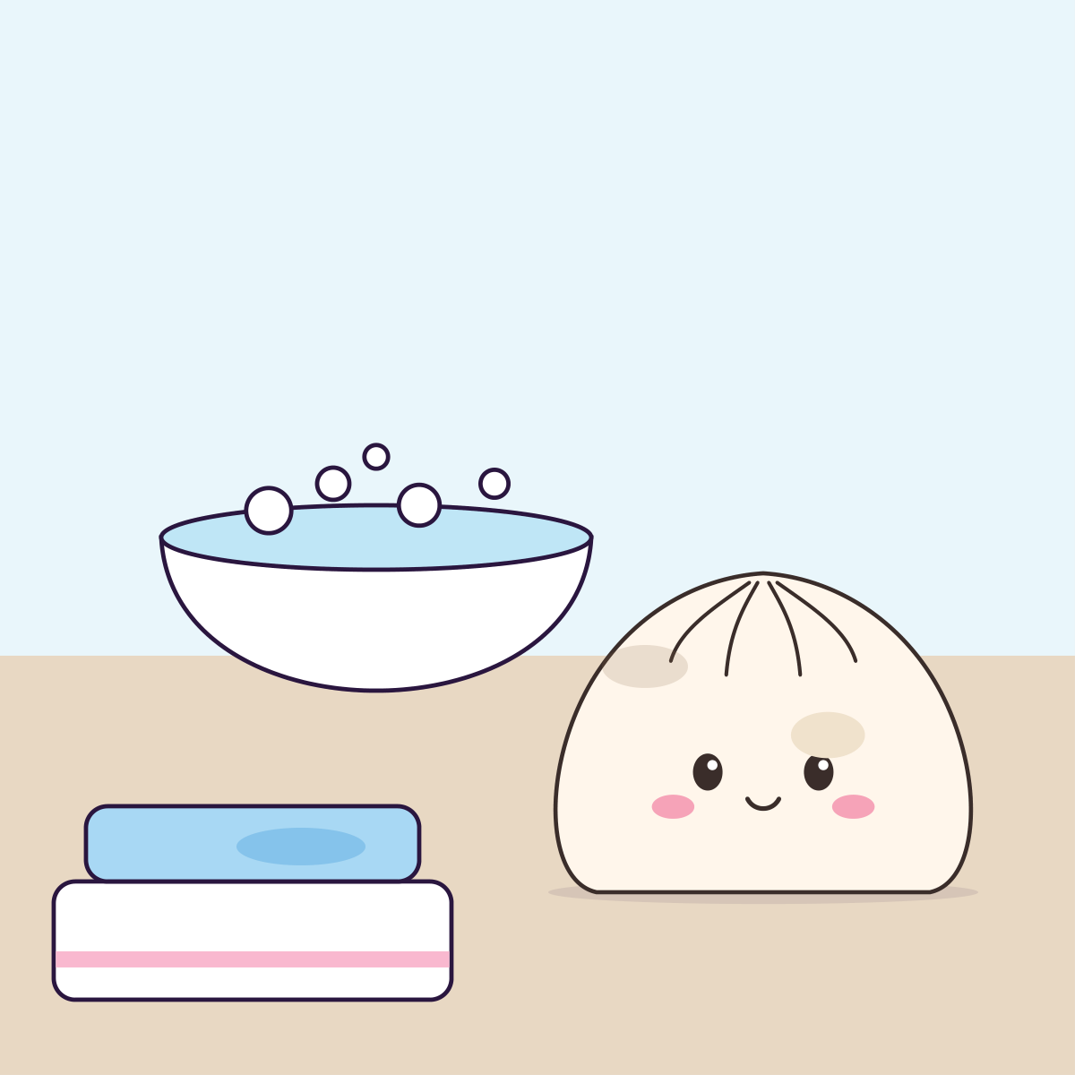 Tipos de squishy dumpling: pão de espuma branco ao lado de uma taça de água morna, pano húmido e toalha