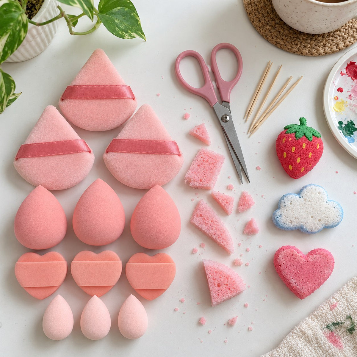 Makeup sponges for DIY squishies, before and after painting mini squishies