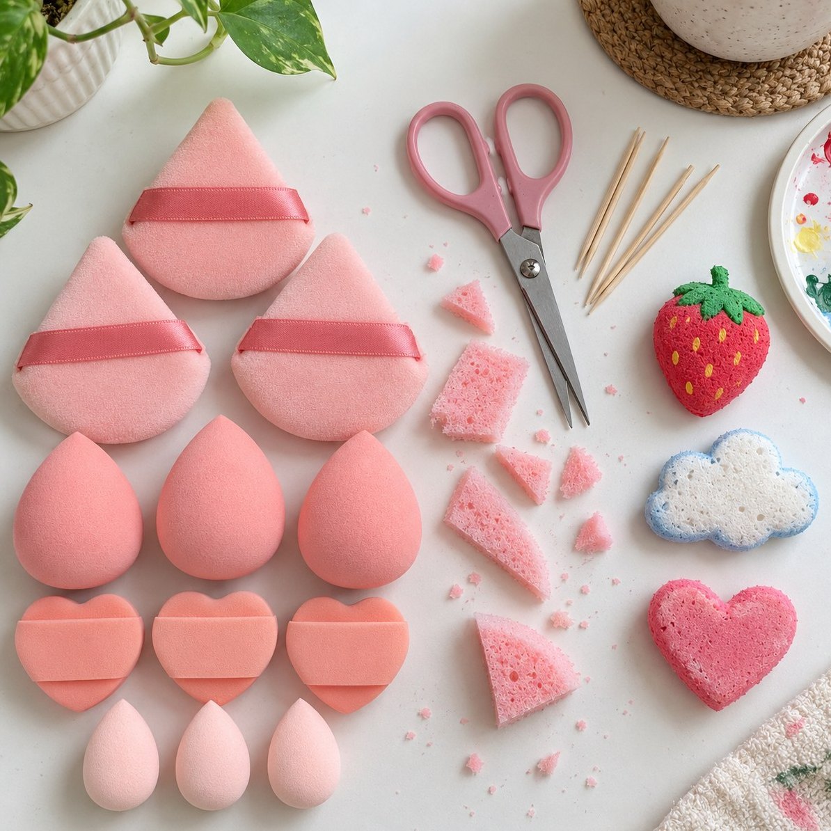 Makeup svamp squishy før og efter: hvide svampe og malede mini-squishies