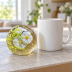 Maltose ball squishy stretchy (Spring Daisies), next to a coffee mug for size comparison