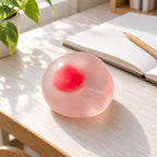 Maltose ball squishy stretchy (Strawberry Mochi), on a desk with a notebook and pencil