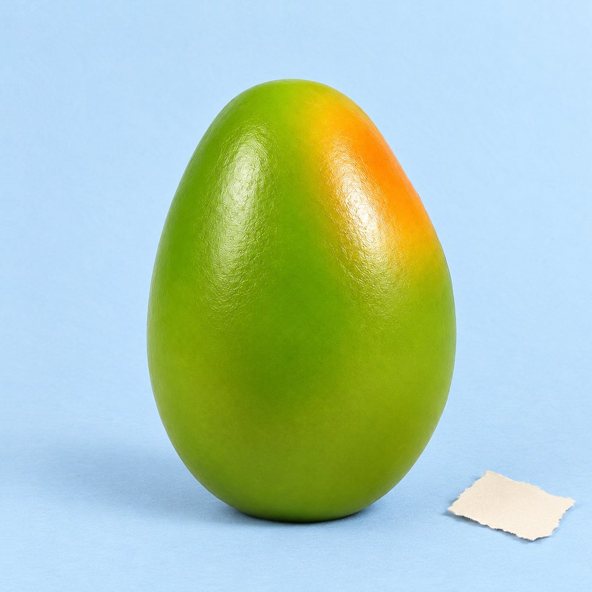 Mango squishy als productfoto op pastelkleurig papier