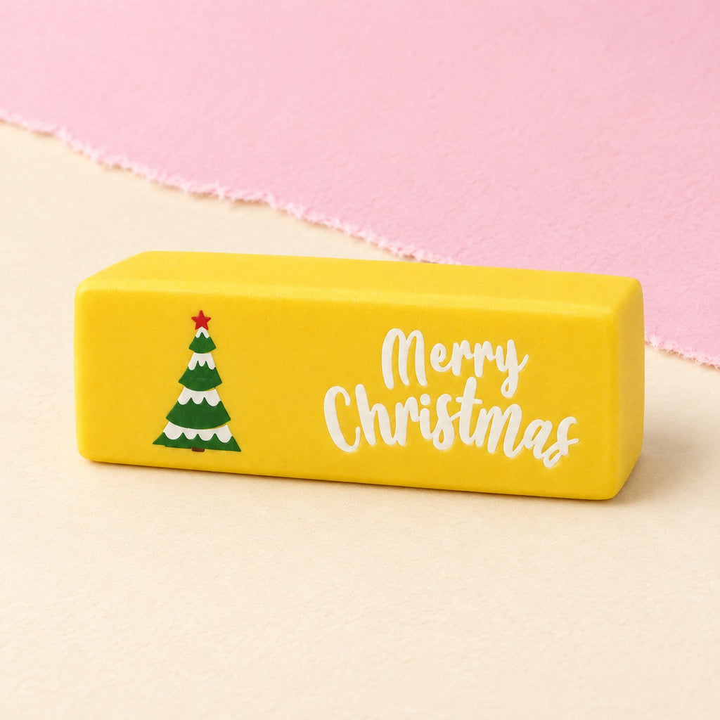 Merry christmas butter squishy 6 colors – Merry Christmas Butter Squishy, 6 Colors, Slow Rising (Yellow, Christmas tree), product photo on pastel paper