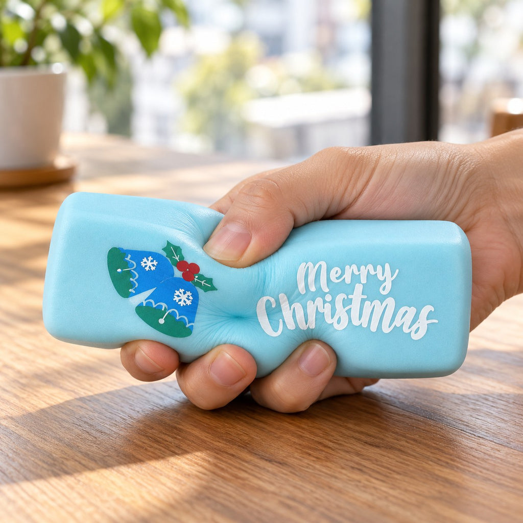Merry Christmas Butter Squishy, 6 Colors, Slow Rising (Light blue, mitten), being squeezed by hand, soft and squishy