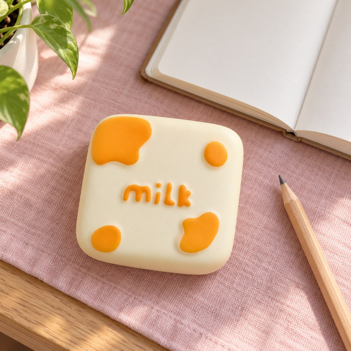 Milk squishy, on a desk with a notebook and pencil