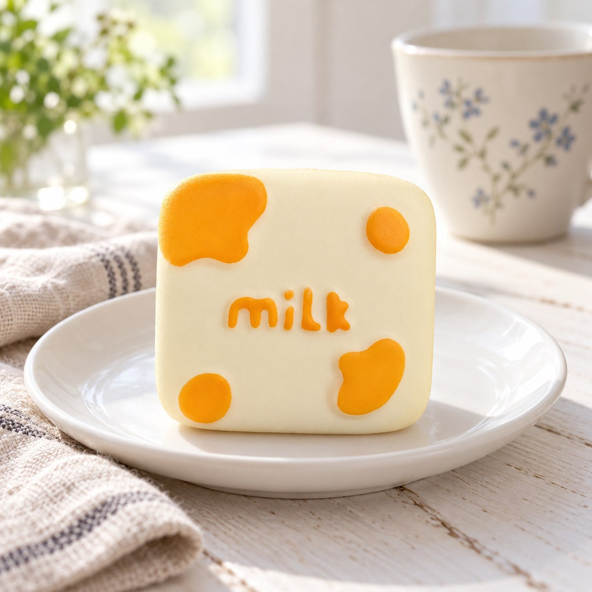 Milk squishy, on a plate on a breakfast table