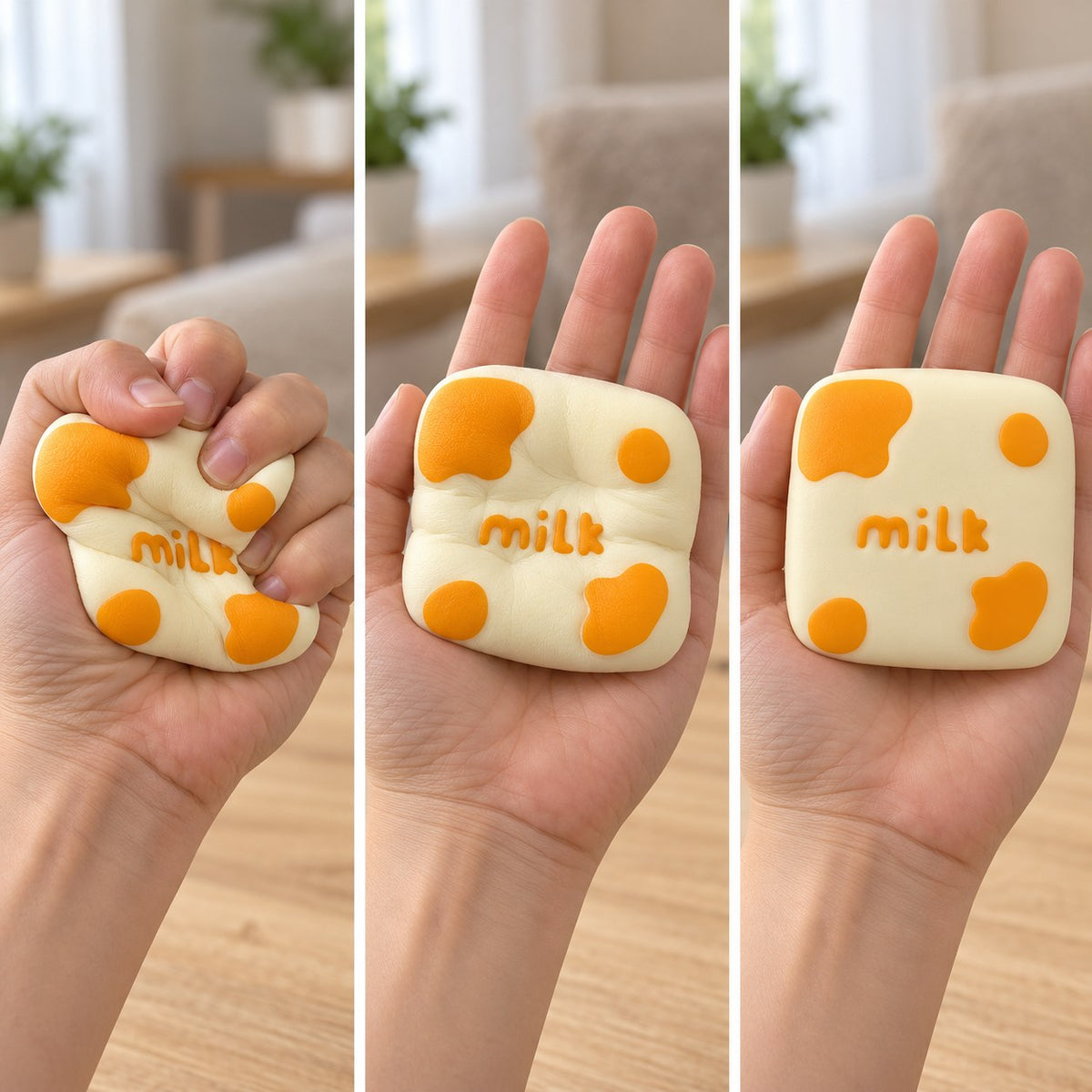 Milk squishy kawaii, squished flat, half risen and fully back in shape