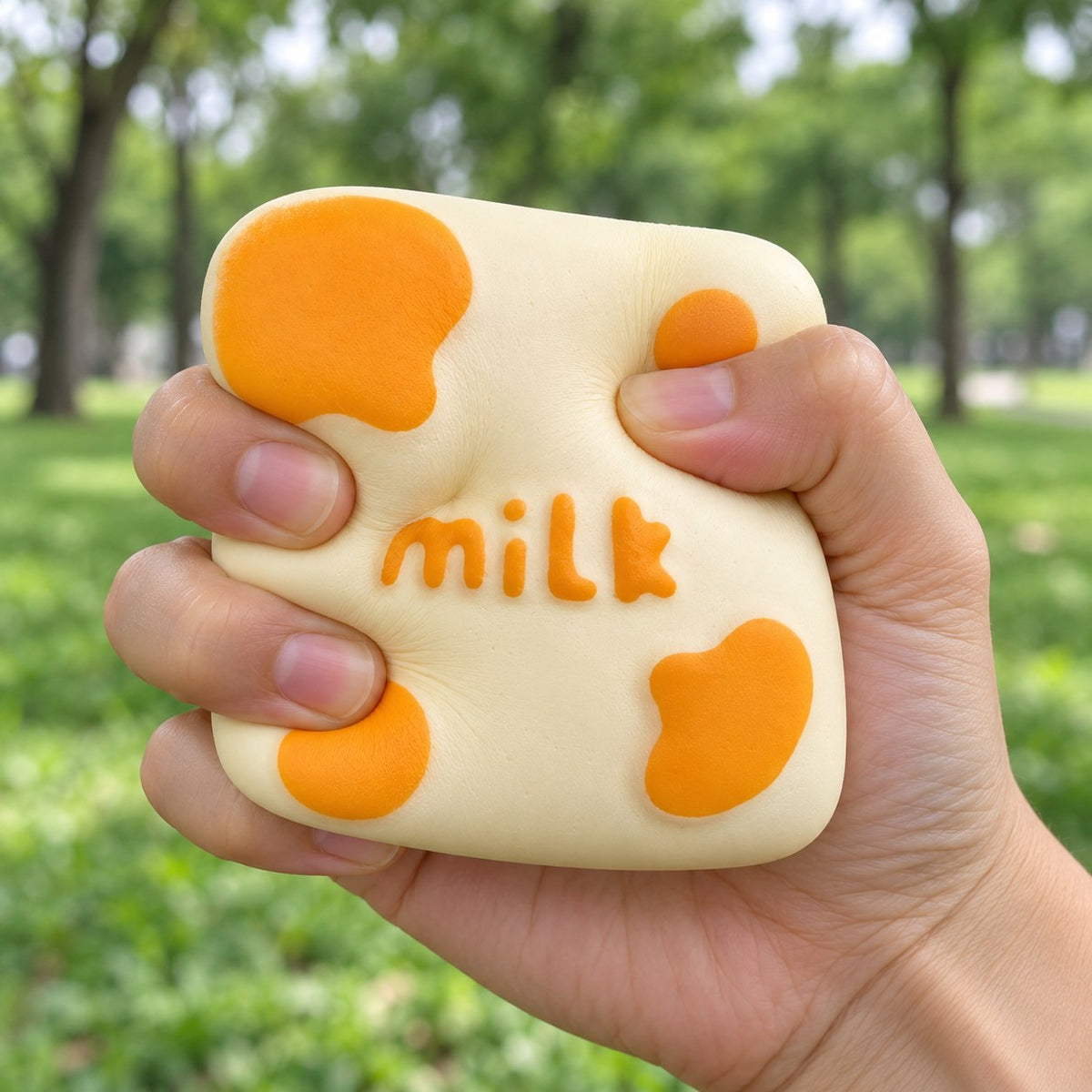 Milk block squishy, being squeezed by hand, soft and squishy