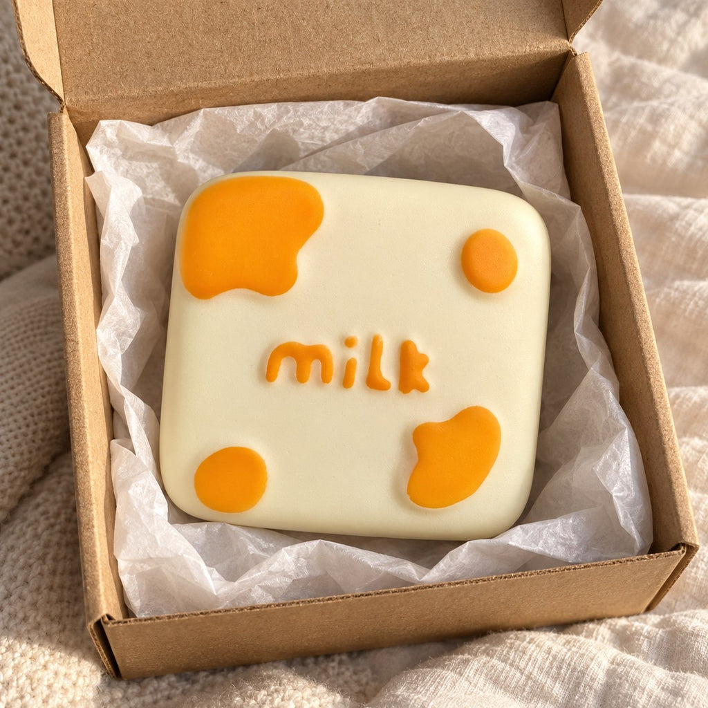 Milk squishy kawaii, unboxed from a parcel with tissue paper