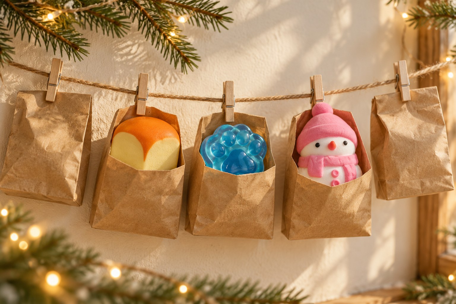 Kawaii advent calendar squishy bags of kraft paper on a string, mini toast, blue cat paw and snowman peeking out