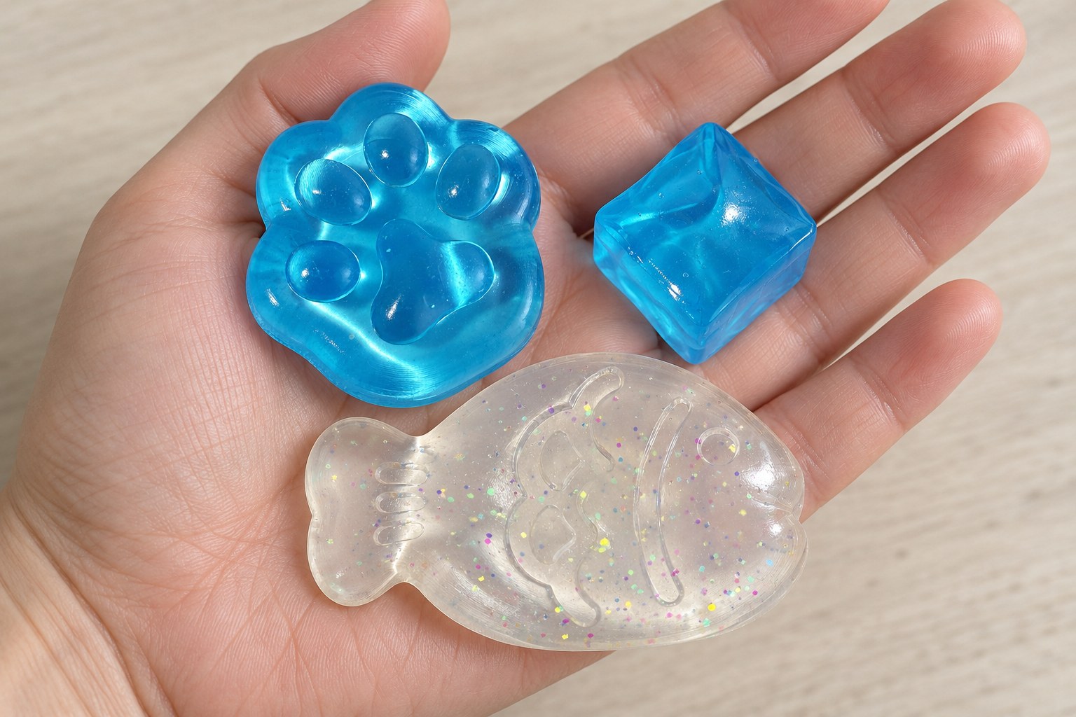 Kleine squishies in een open hand: piepklein doorzichtig blauw kattenpootje, ijsblokje en taiyaki-visje