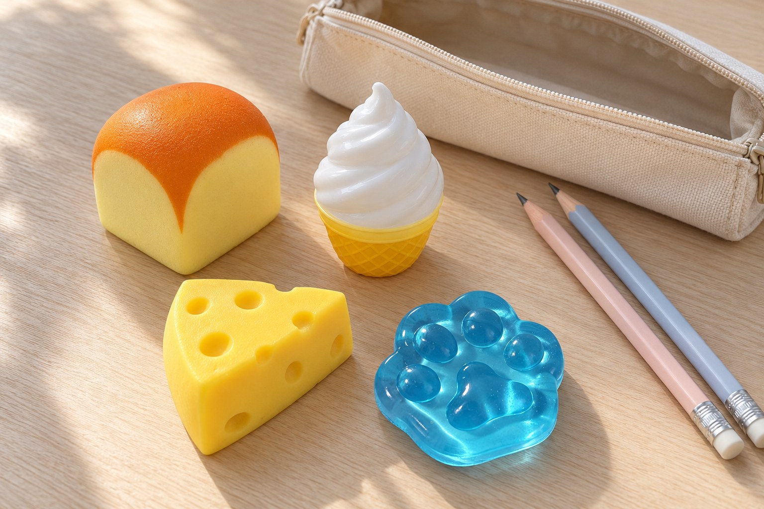 Vier mini squishies naast een open etui: toastblokje, ijsje, kaaspunt en gelei kattenpootje