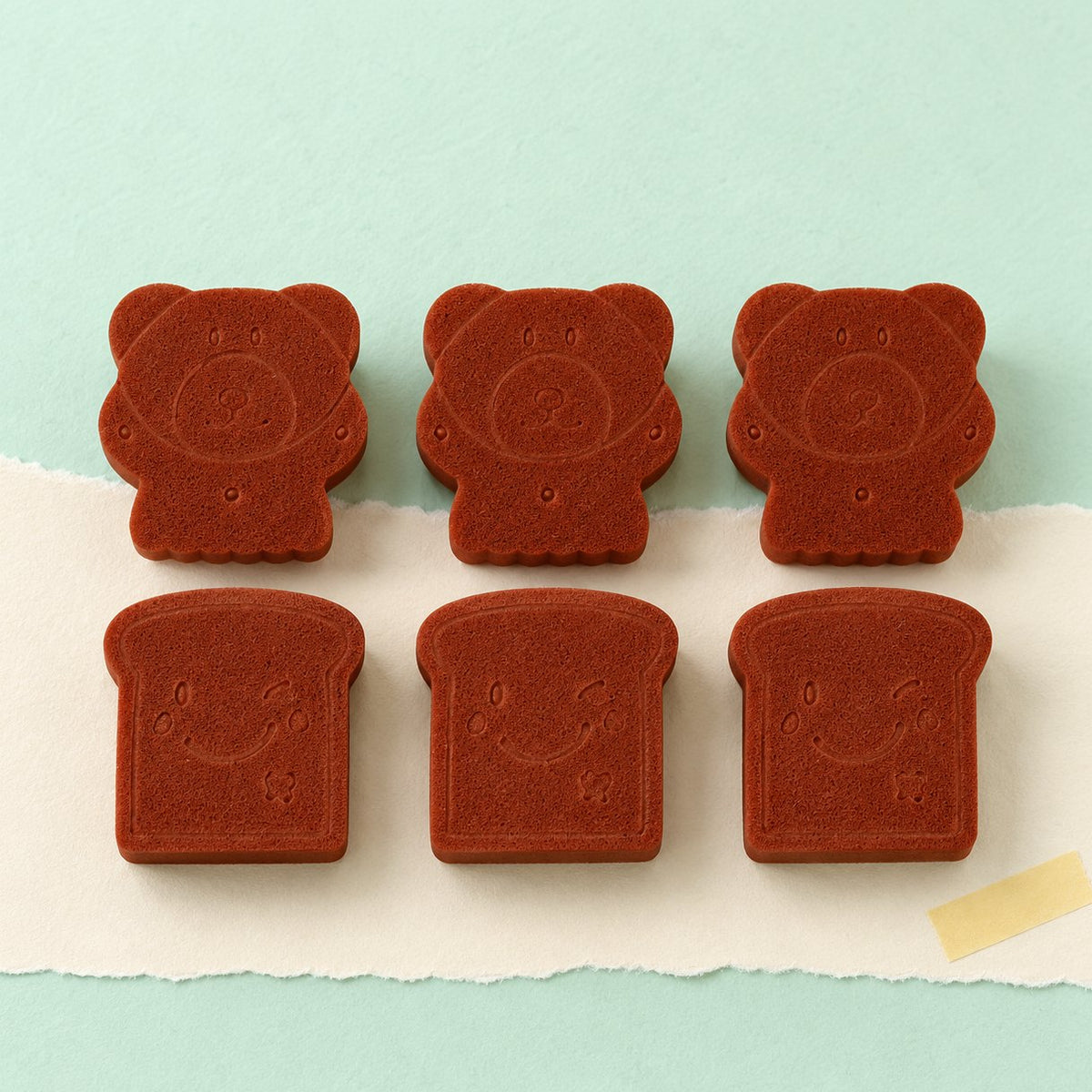 Mini squishy DIY : 6 éponges oursons et tranches mélangées, sur papier pastel