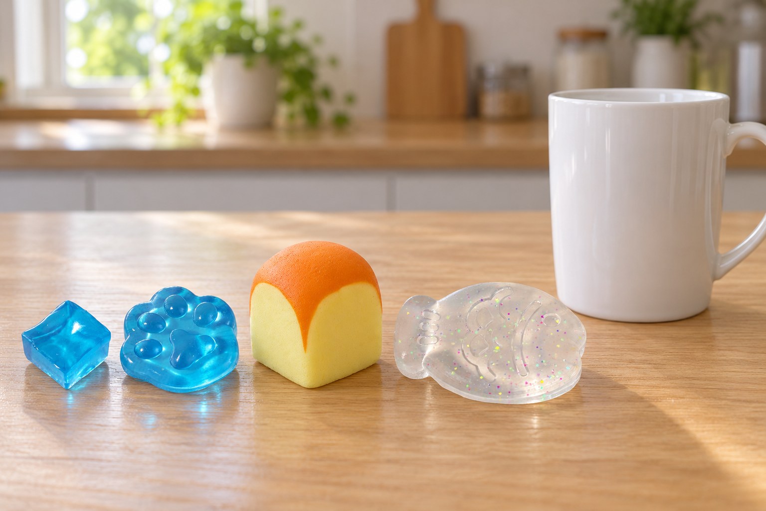 Four mini squishies sorted by size next to a white coffee mug: ice cube, cat paw, toast cube and fish