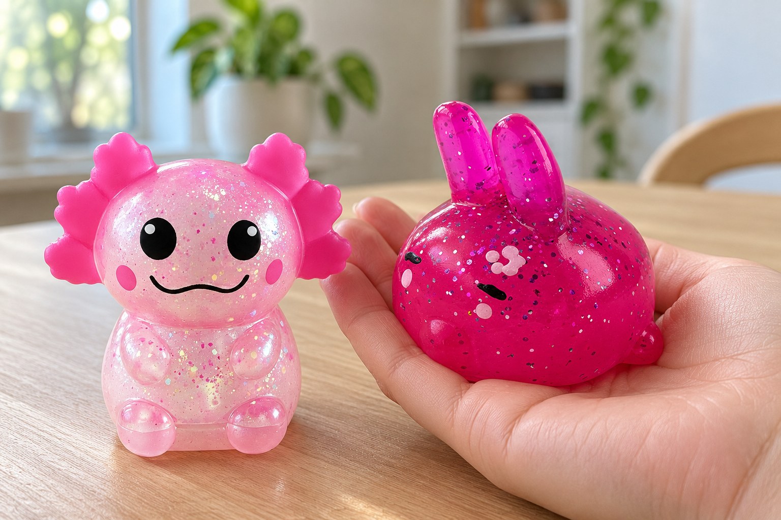 Hand met een roze glitter mochi konijn squishy, op tafel zit een roze glitter-axolotl squishy