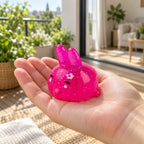 Bunny squishy, held in a hand to show the real size