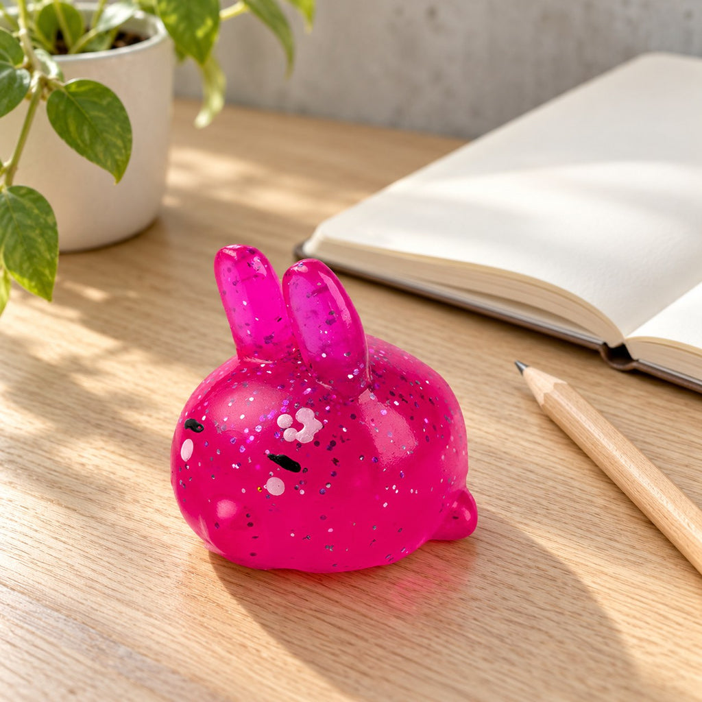 Bunny squishy mochi, on a desk with a notebook and pencil