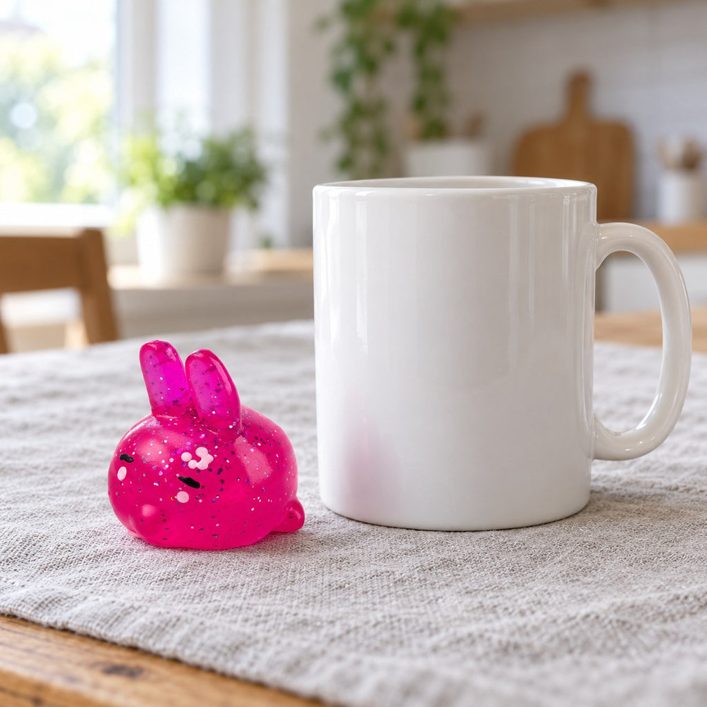 Bunny squishy, next to a coffee mug for size comparison