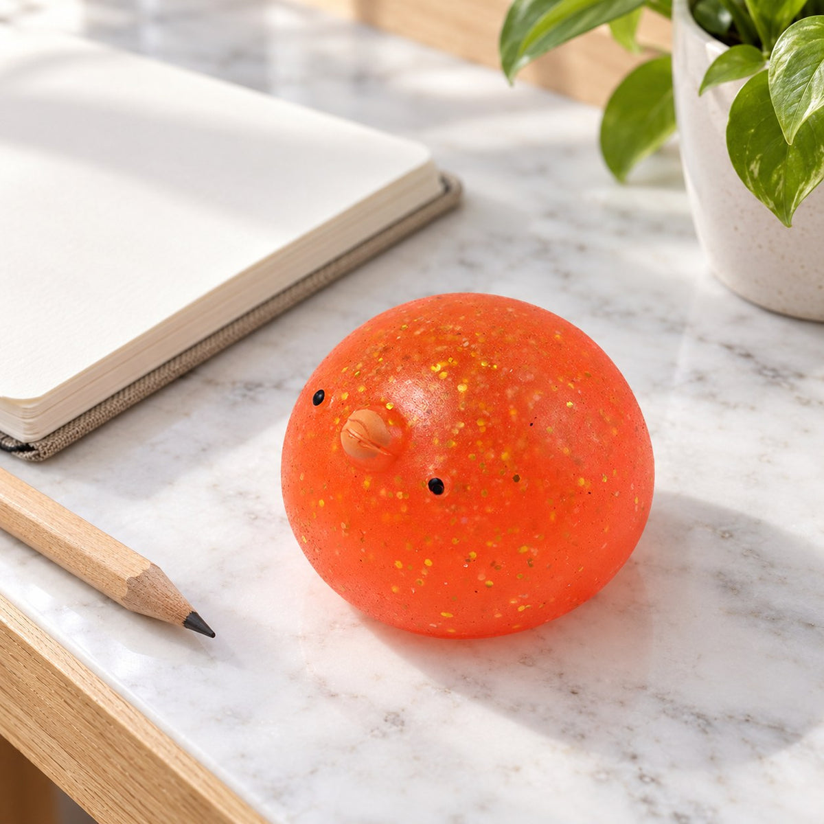 Mochi Squishy Chick with Glitter, on a desk with a notebook and pencil