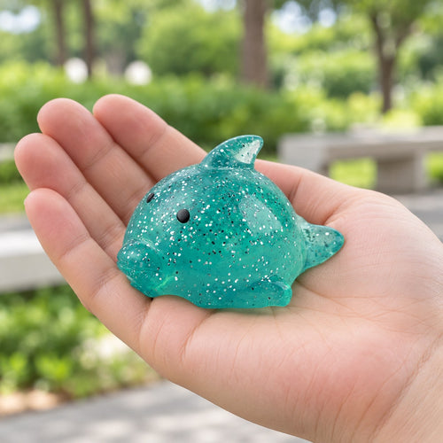 Big Mochi Squishy Dolphin with Glitter, held in a hand to show the real size