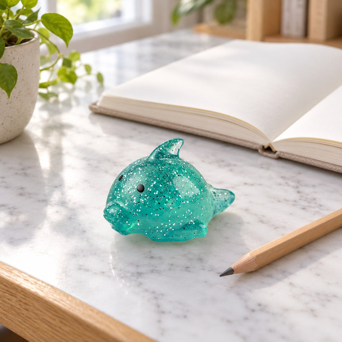 Big Mochi Squishy Dolphin with Glitter, on a desk with a notebook and pencil