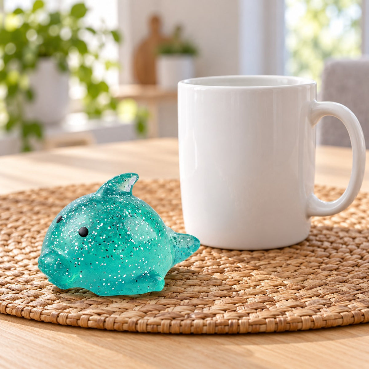 Big Mochi Squishy Dolphin with Glitter, next to a coffee mug for size comparison